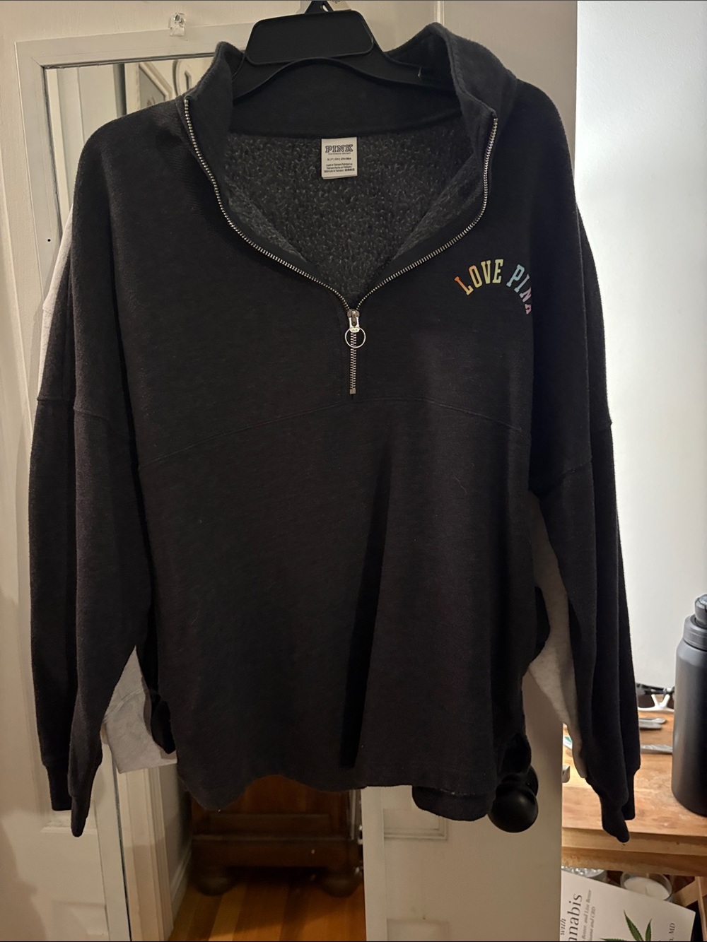 PINK Victoria's Secret Black Half-Zip Hoodie with Rainbow 'LOVE PINK'